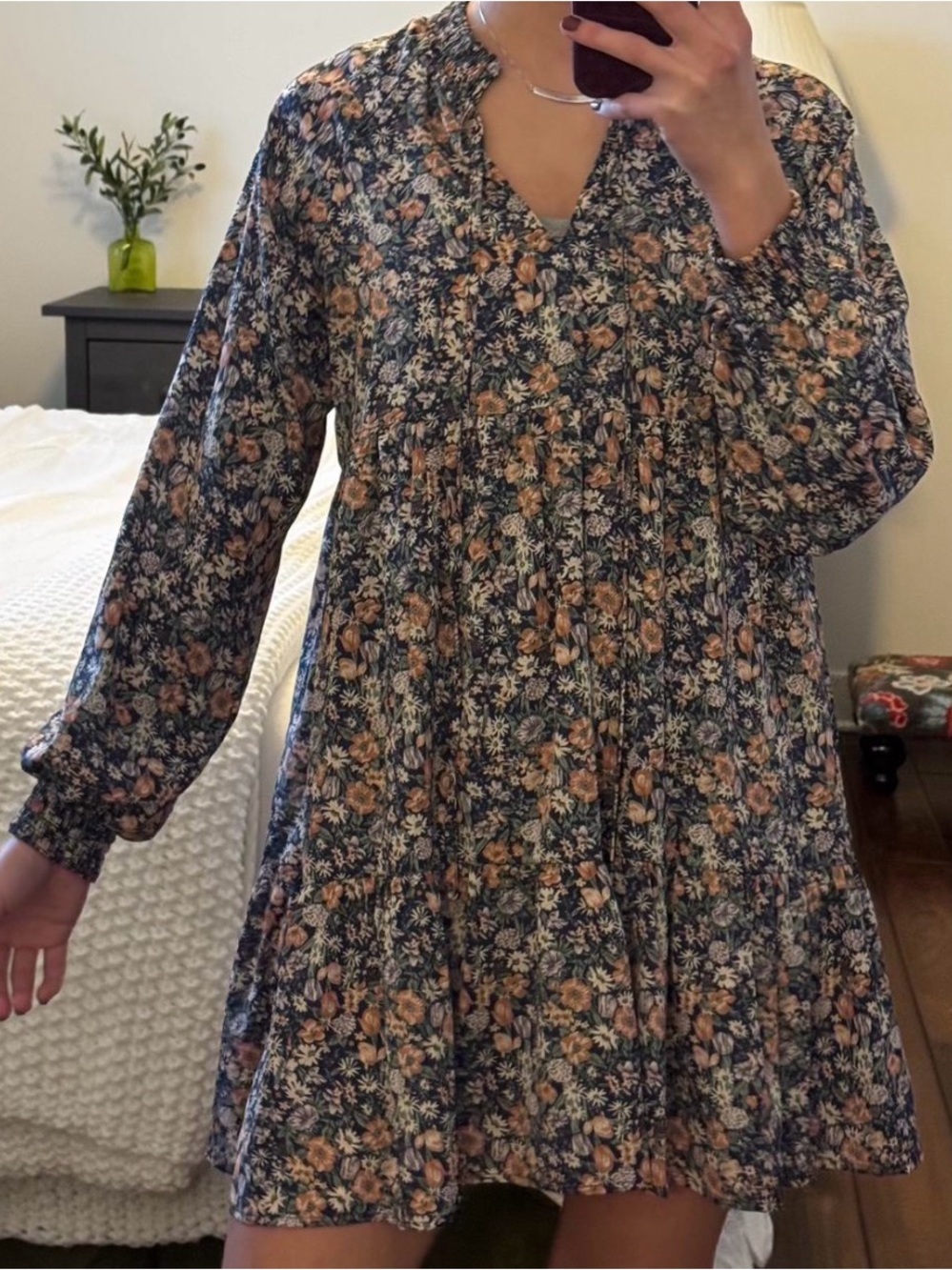 SHEIN Navy Floral Long-Sleeve Smocked Mini Dress